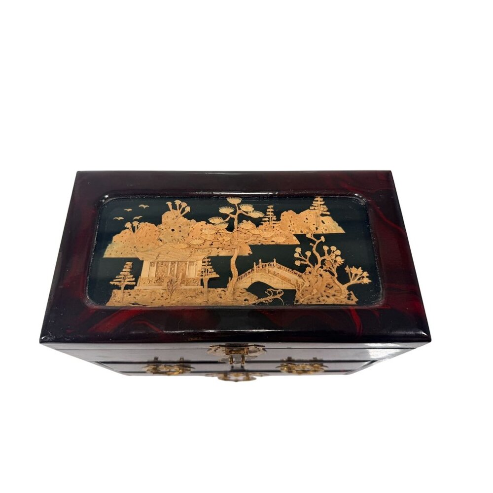 Vintage Oriental Wood Laquer Jewelry Box Red Silk Lining Mirror Carved Top - Picture 16 of 16